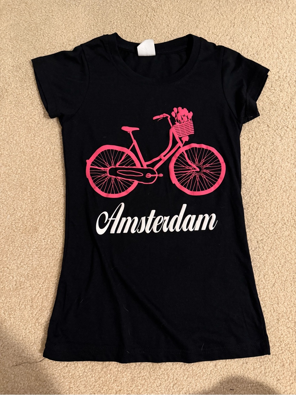 Amsterdam Black Short Sleeve Tee with Pink Bicycle Graphic